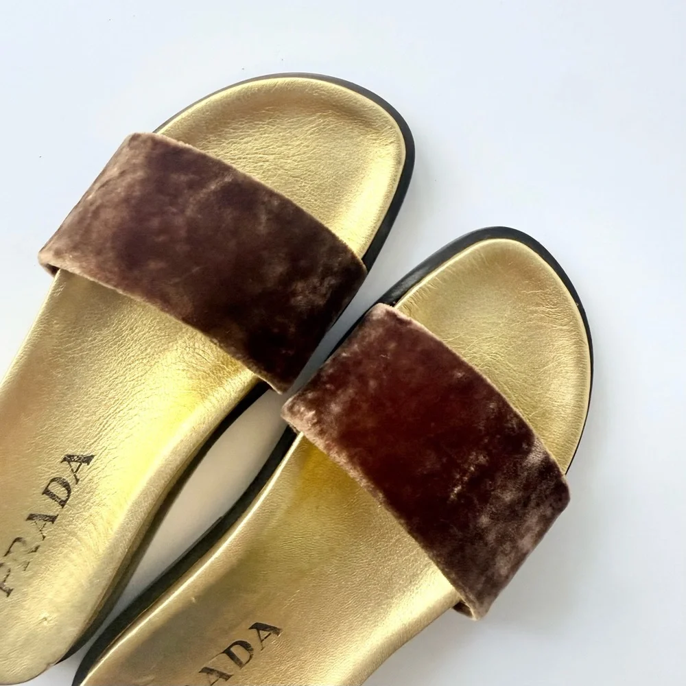 Prada Velvet Slide Sandals in Brown & Gold Size 36 - Picture 10 of 15